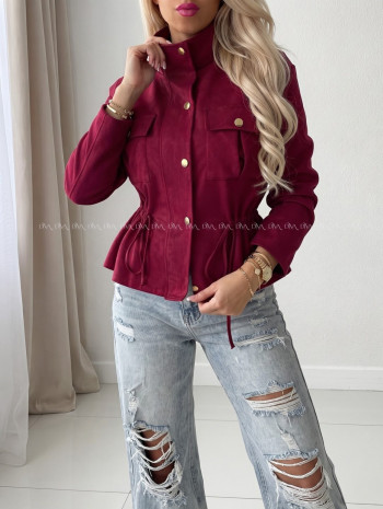 Semišová bunda so sťahovaním v páse burgundy AB 233