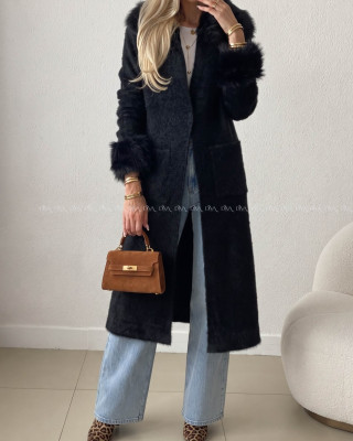 Fluffy predĺžený kardigan s kožušinou čierny AB 709