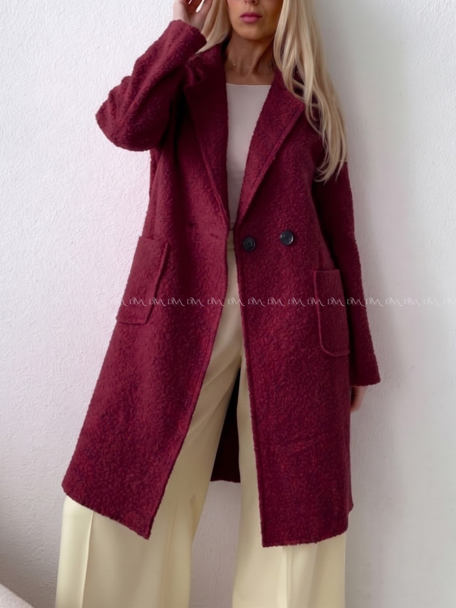 Boucle midi prechodný kabát burgundy AB 809 Boucle midi prechodný kabát burgundy AB 809
