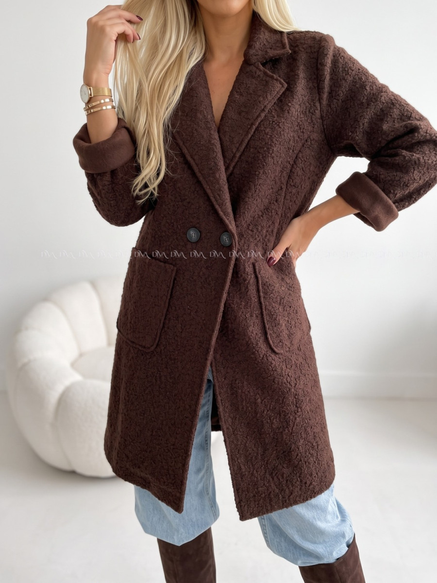 Boucle midi prechodný kabát čokoládový AB 809 Boucle midi prechodný kabát čokoládový AB 809