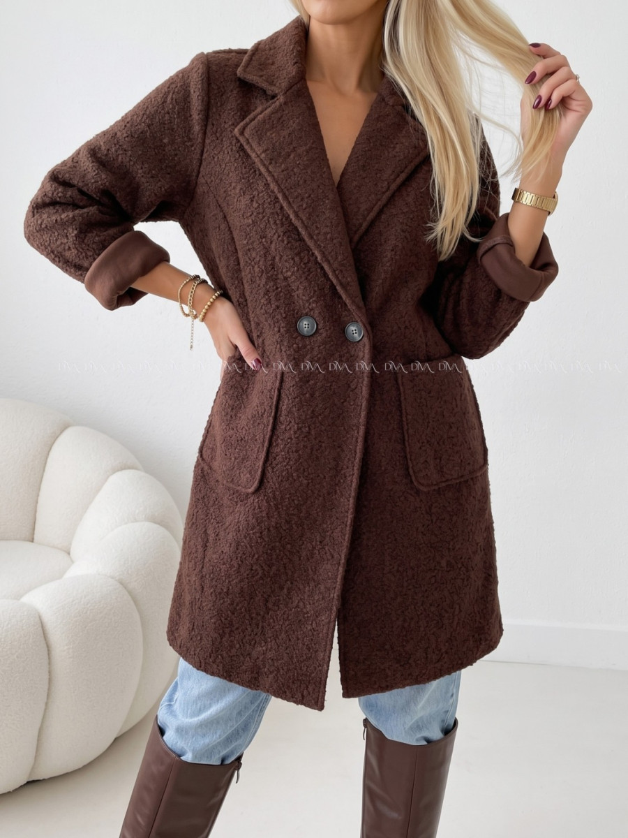 Boucle midi prechodný kabát čokoládový AB 809 Boucle midi prechodný kabát čokoládový AB 809