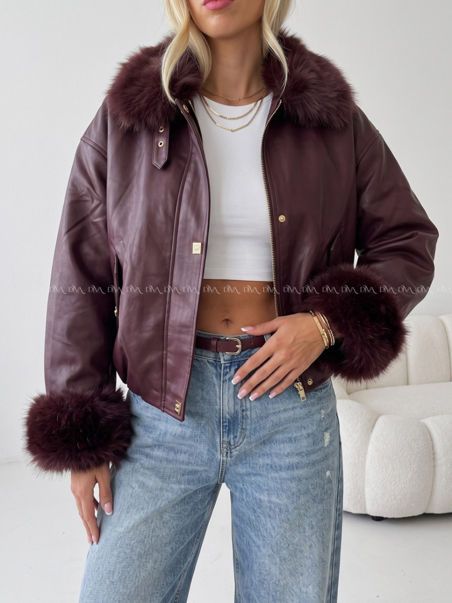 Oversize zateplená koženka s kožušinou burgundy AB 830 Oversize zateplená koženka s kožušinou burgundy AB 830