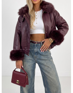 Oversize zateplená koženka s kožušinou burgundy AB 830