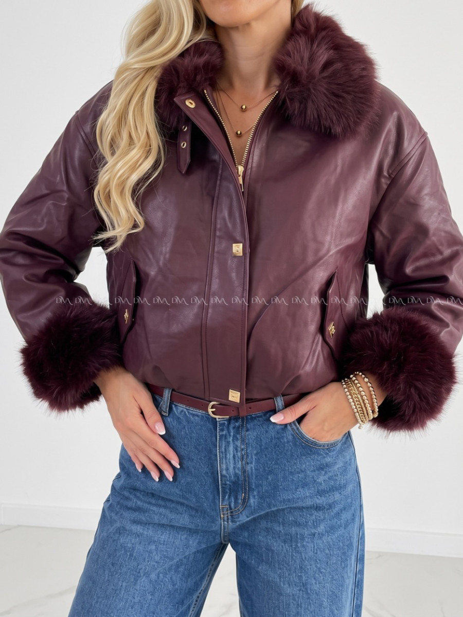 Oversize zateplená koženka s kožušinou burgundy AB 830 Oversize zateplená koženka s kožušinou burgundy AB 830