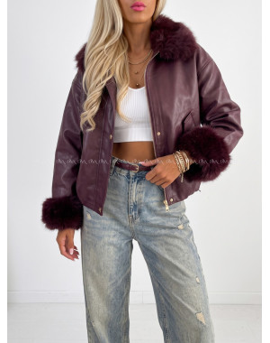 Oversize zateplená koženka s kožušinou burgundy AB 830