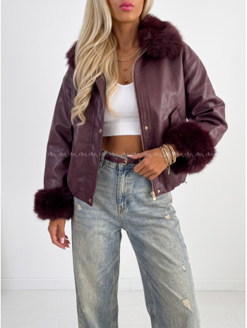 Oversize zateplená koženka s kožušinou burgundy AB 830 Oversize zateplená koženka s kožušinou burgundy AB 830