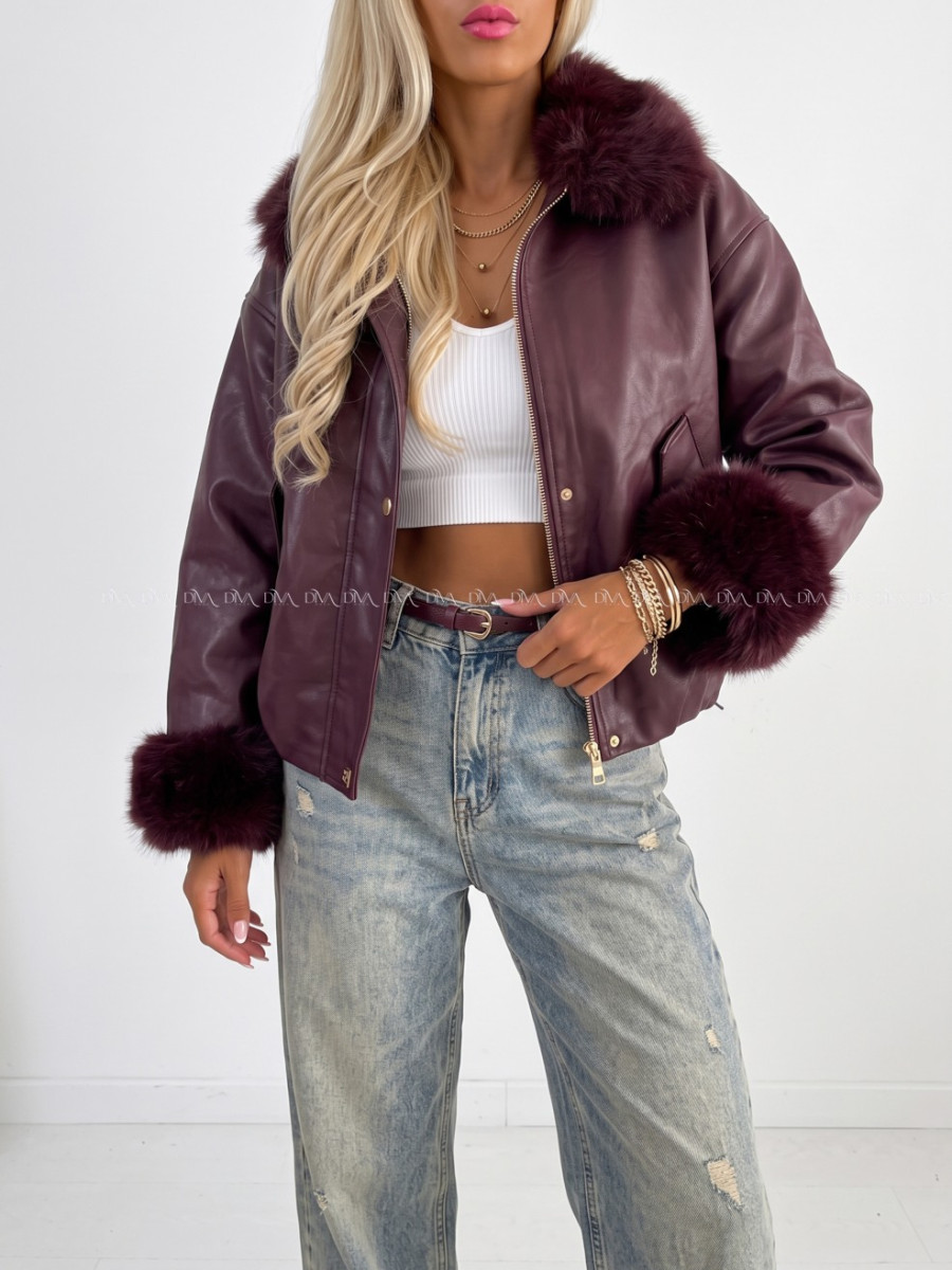 Oversize zateplená koženka s kožušinou burgundy AB 830 Oversize zateplená koženka s kožušinou burgundy AB 830