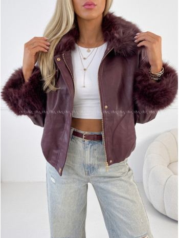 Oversize zateplená koženka s kožušinou burgundy AB 830 Oversize zateplená koženka s kožušinou burgundy AB 830