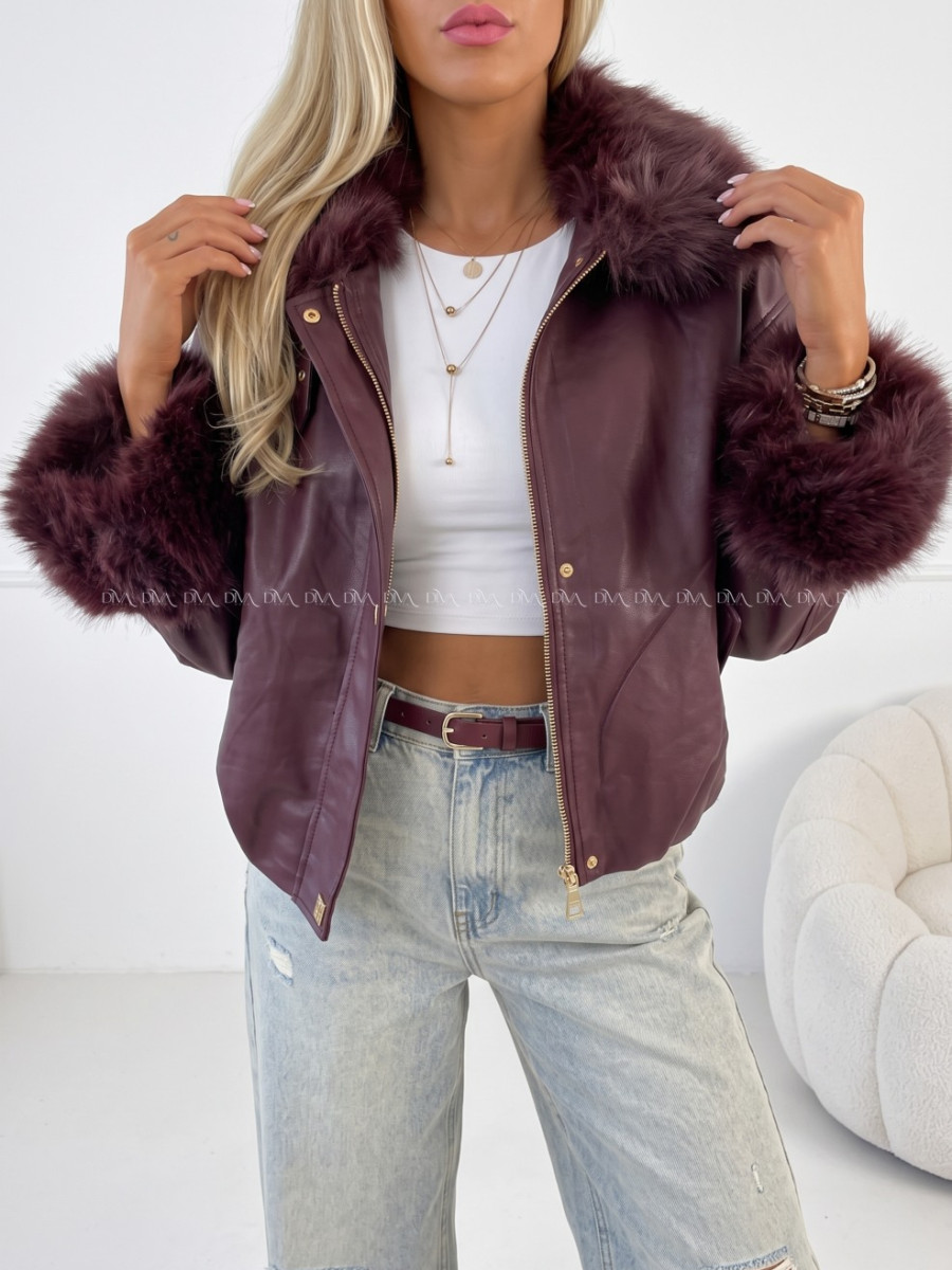 Oversize zateplená koženka s kožušinou burgundy AB 830 Oversize zateplená koženka s kožušinou burgundy AB 830