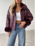 Oversize zateplená koženka s kožušinou burgundy AB 830 Oversize zateplená koženka s kožušinou burgundy AB 830