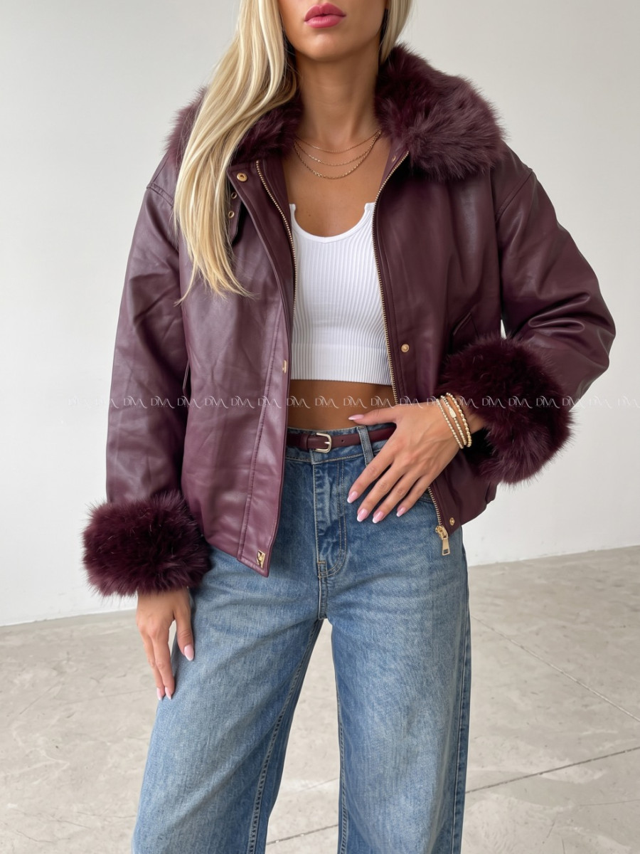 Oversize zateplená koženka s kožušinou burgundy AB 830 Oversize zateplená koženka s kožušinou burgundy AB 830
