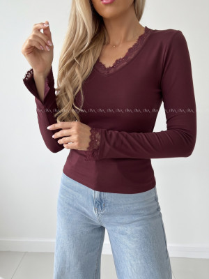 Basic zateplený top s krajkou burgundy AB 840