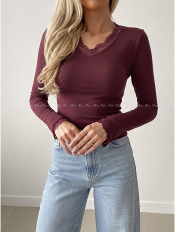 Basic zateplený top s krajkou burgundy AB 840