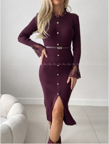 Úpletové midi šaty s krajkou Elly burgundy AB 859