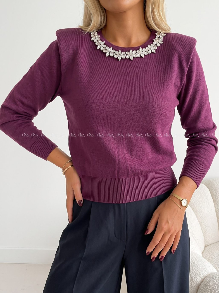 Úpletový sveter s kamienkami burgundy AB 850 Úpletový sveter s kamienkami burgundy AB 850