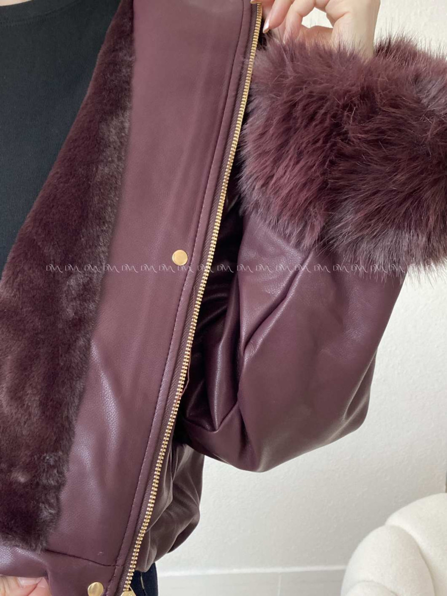 Oversize zateplená koženka s kožušinou burgundy AB 830 Oversize zateplená koženka s kožušinou burgundy AB 830