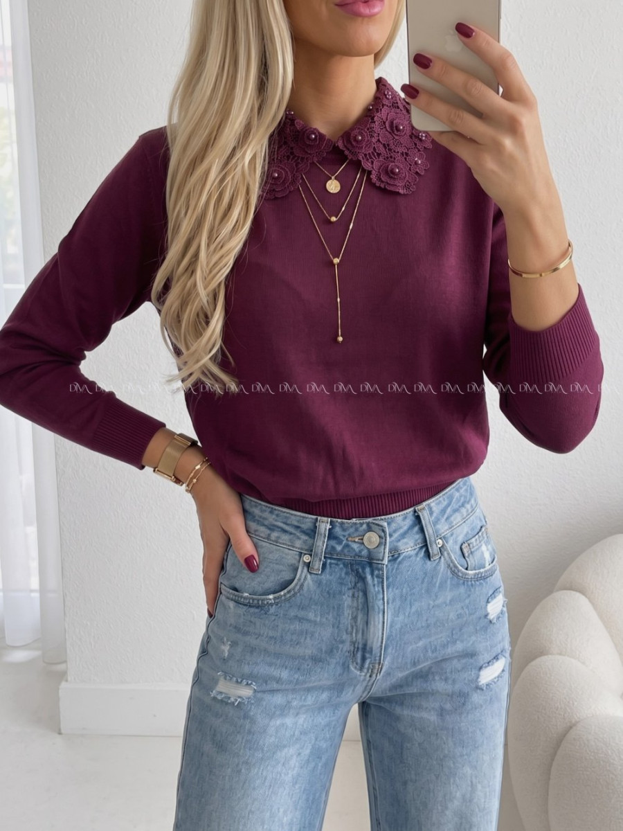 Sveter s ozdobným golierom burgundy AB 841