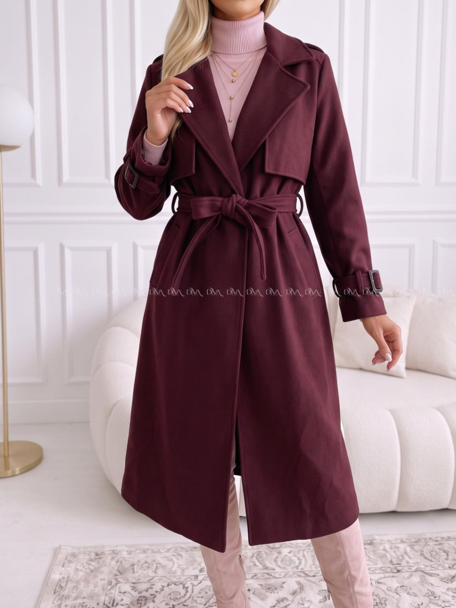 Midi prechodný kabát s opaskom burgundy AB 901 Midi prechodný kabát s opaskom burgundy AB 901
