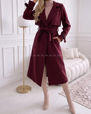 Midi prechodný kabát s opaskom burgundy AB 901