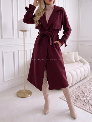 Midi prechodný kabát s opaskom burgundy AB 901