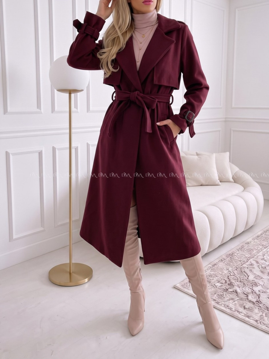Midi prechodný kabát s opaskom burgundy AB 901 Midi prechodný kabát s opaskom burgundy AB 901