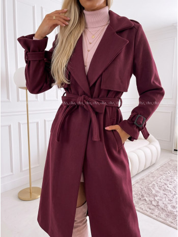 Midi prechodný kabát s opaskom burgundy AB 901 Midi prechodný kabát s opaskom burgundy AB 901