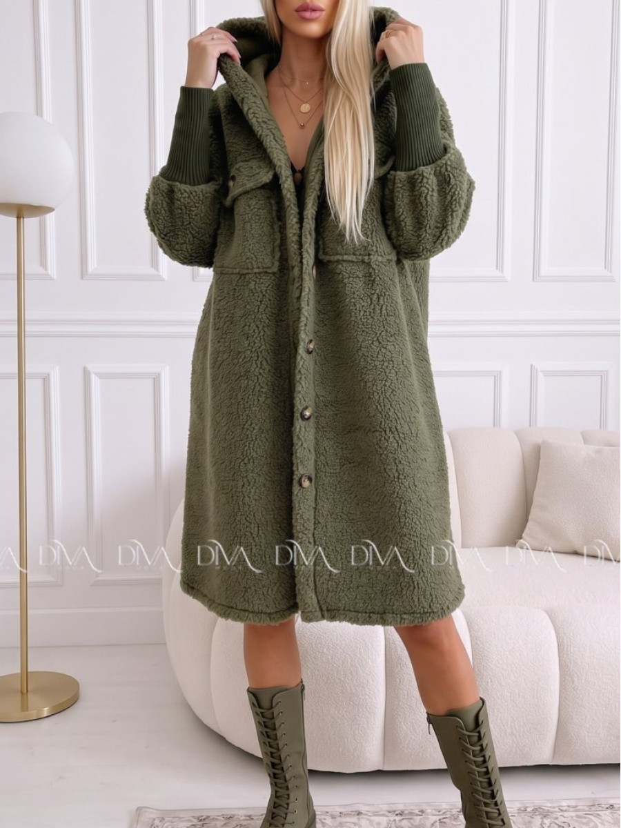 Midi bouclé kabátik khaki zelený AB 666 Midi bouclé kabátik khaki zelený AB 666