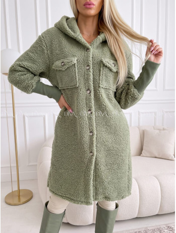 Midi bouclé kabátik khaki zelený AB 666 Midi bouclé kabátik khaki zelený AB 666