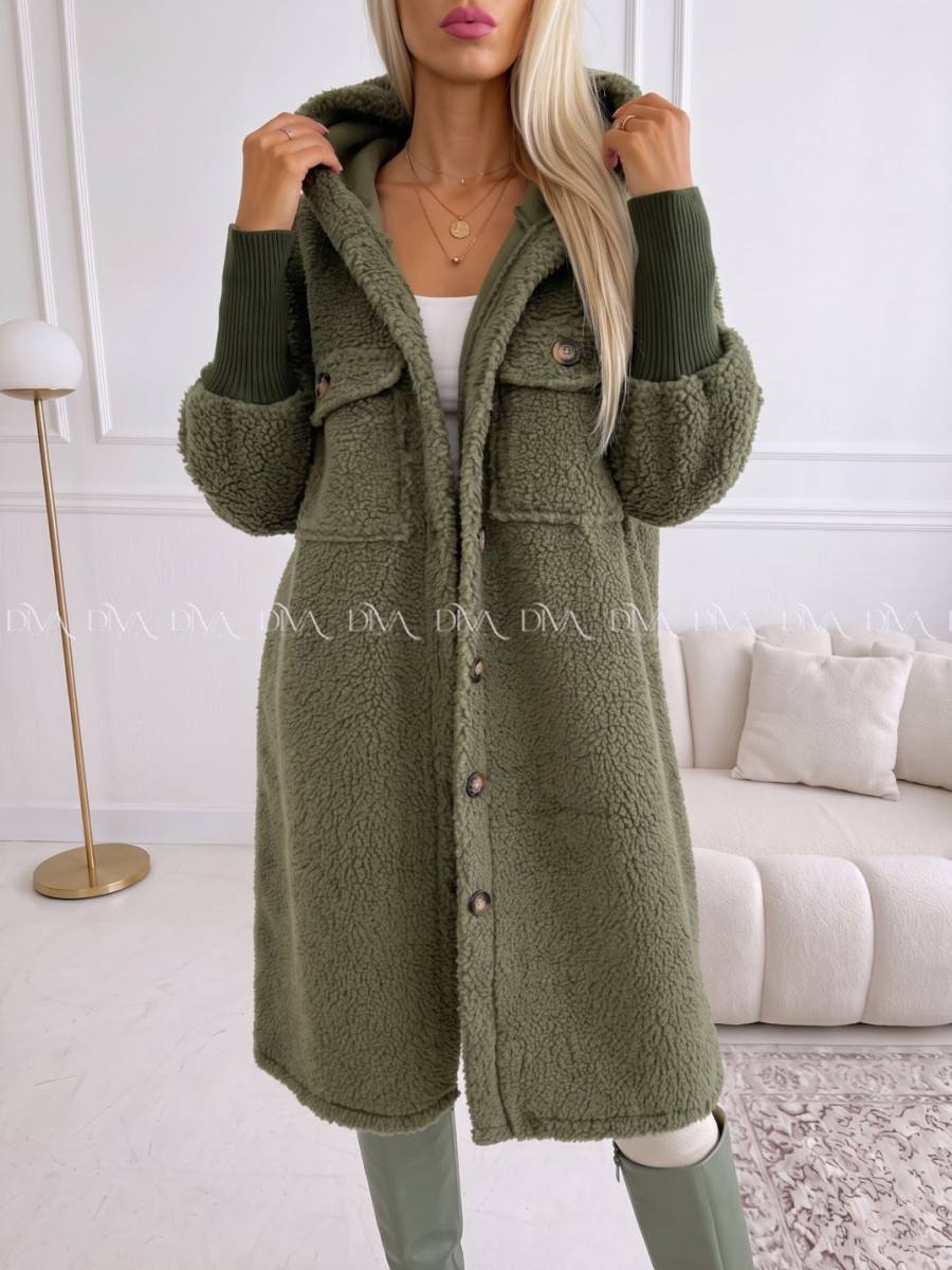 Midi bouclé kabátik khaki zelený AB 666 Midi bouclé kabátik khaki zelený AB 666