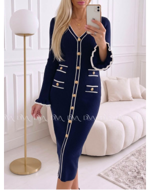 Úpletové midi šaty s gombíkmi a volánmi na rukách navy blue AA 66 Úpletové midi šaty s gombíkmi a volánmi na rukách navy blue AA 66