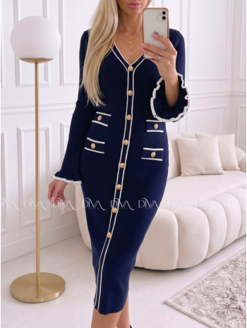Úpletové midi šaty s gombíkmi a volánmi na rukách navy blue AA 66 Úpletové midi šaty s gombíkmi a volánmi na rukách navy blue AA 66
