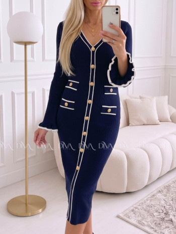 Úpletové midi šaty s gombíkmi a volánmi na rukách navy blue AA 66