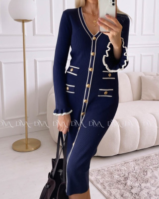 Úpletové midi šaty s gombíkmi a volánmi na rukách navy blue AA 66
