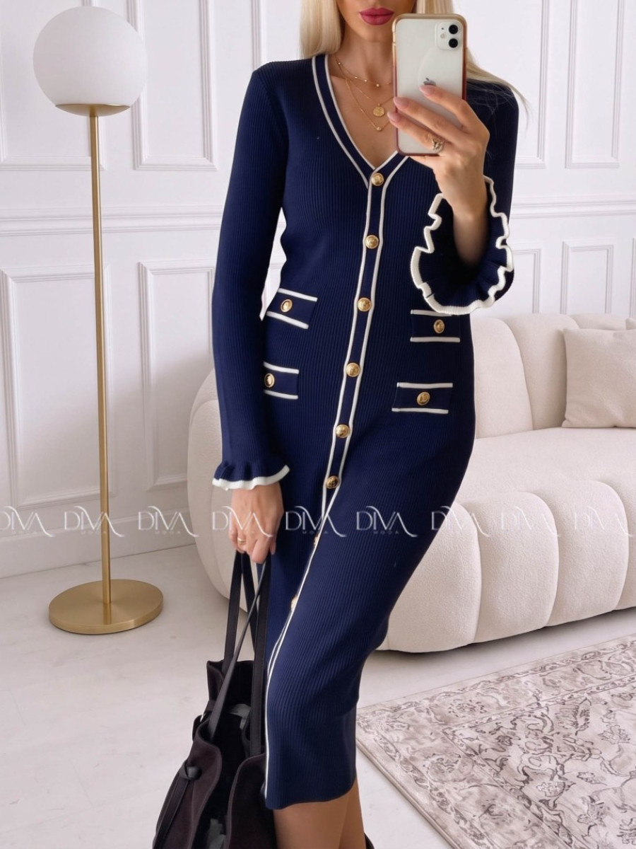 Úpletové midi šaty s gombíkmi a volánmi na rukách navy blue AA 66 Úpletové midi šaty s gombíkmi a volánmi na rukách navy blue AA 66