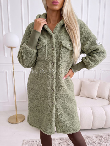 Midi bouclé kabátik khaki zelený AB 666