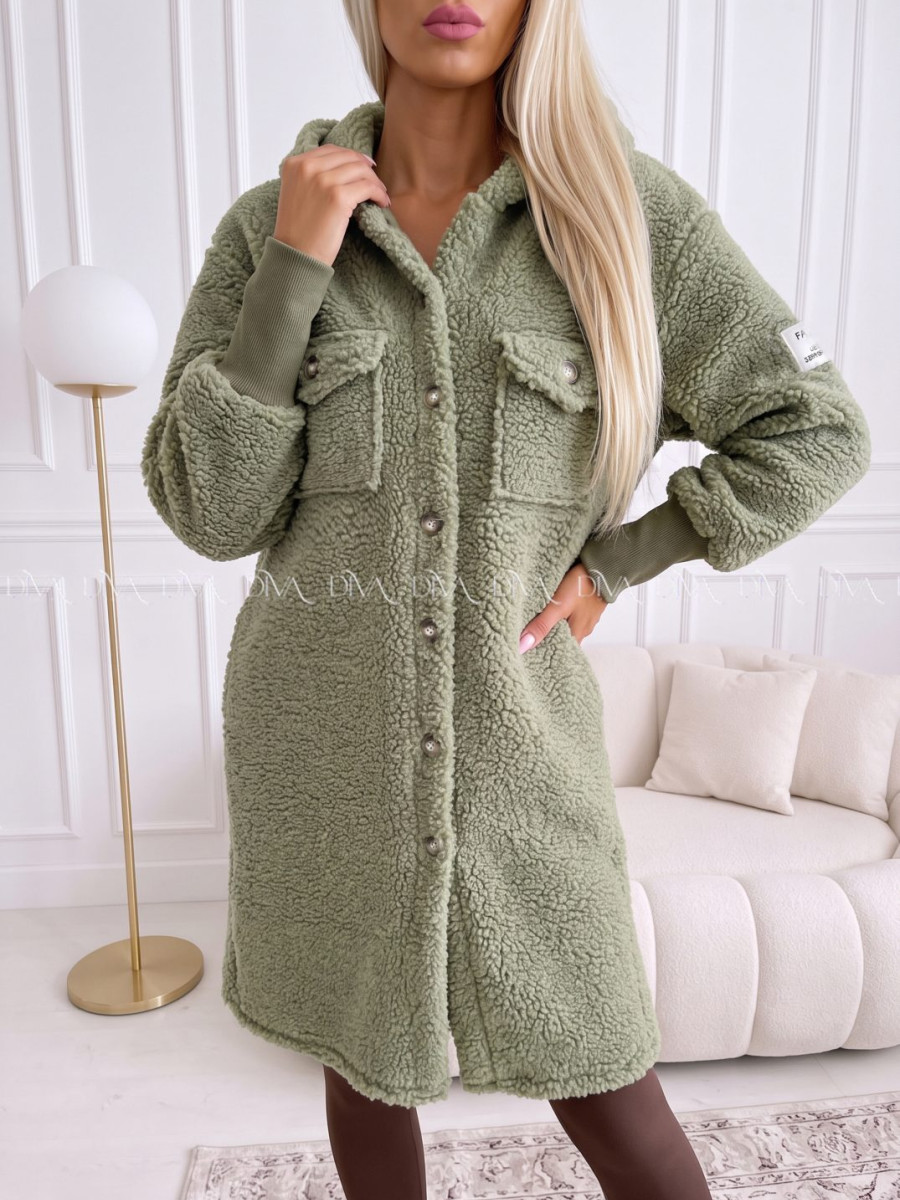 Midi bouclé kabátik khaki zelený AB 666 Midi bouclé kabátik khaki zelený AB 666