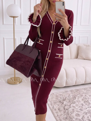 Úpletové midi šaty s gombíkmi a volánmi na rukách burgundy AA 66