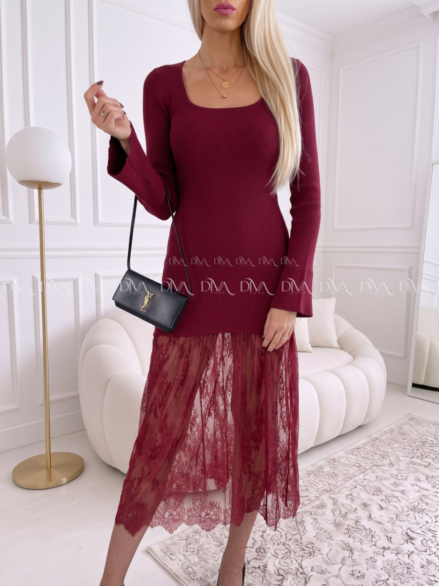 Úpletové maxi šaty s krajkovanou sukňou burgundy AA 119 Úpletové maxi šaty s krajkovanou sukňou burgundy AA 119