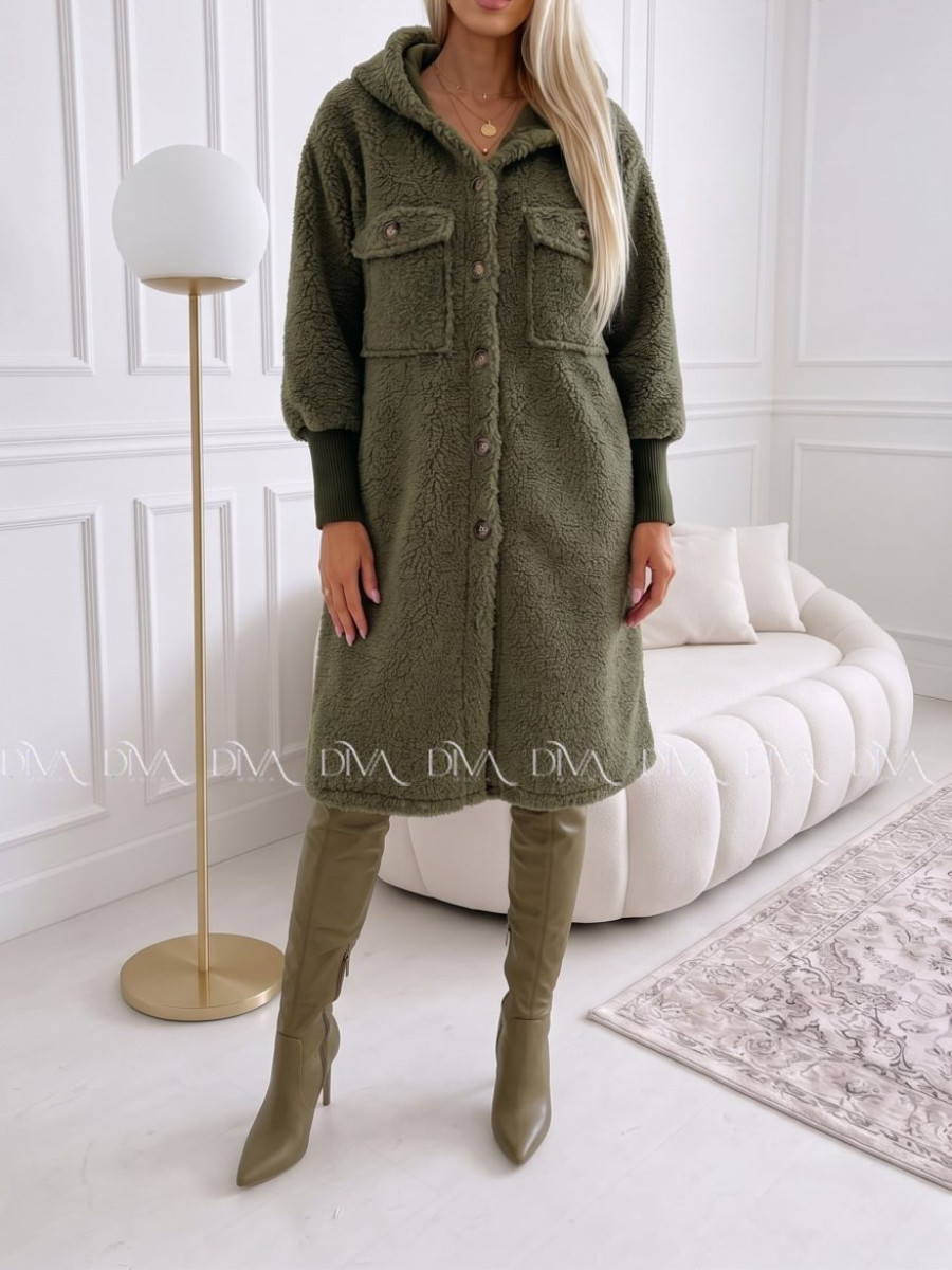 Midi bouclé kabátik khaki zelený AB 666 Midi bouclé kabátik khaki zelený AB 666