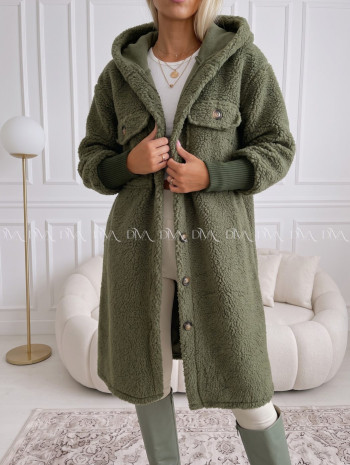 Midi bouclé kabátik khaki zelený AB 666
