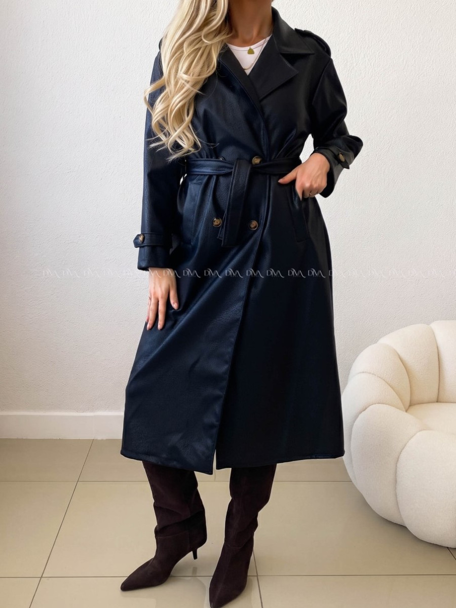 Eko koženkový trench coat čierny AB 543 Eko koženkový trench coat čierny AB 543