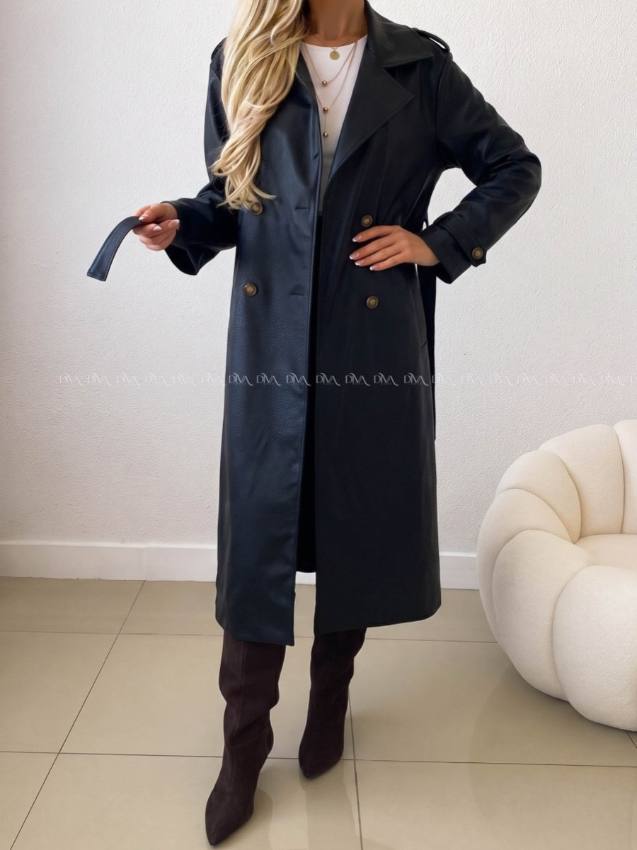 Eko koženkový trench coat čierny AB 543 Eko koženkový trench coat čierny AB 543