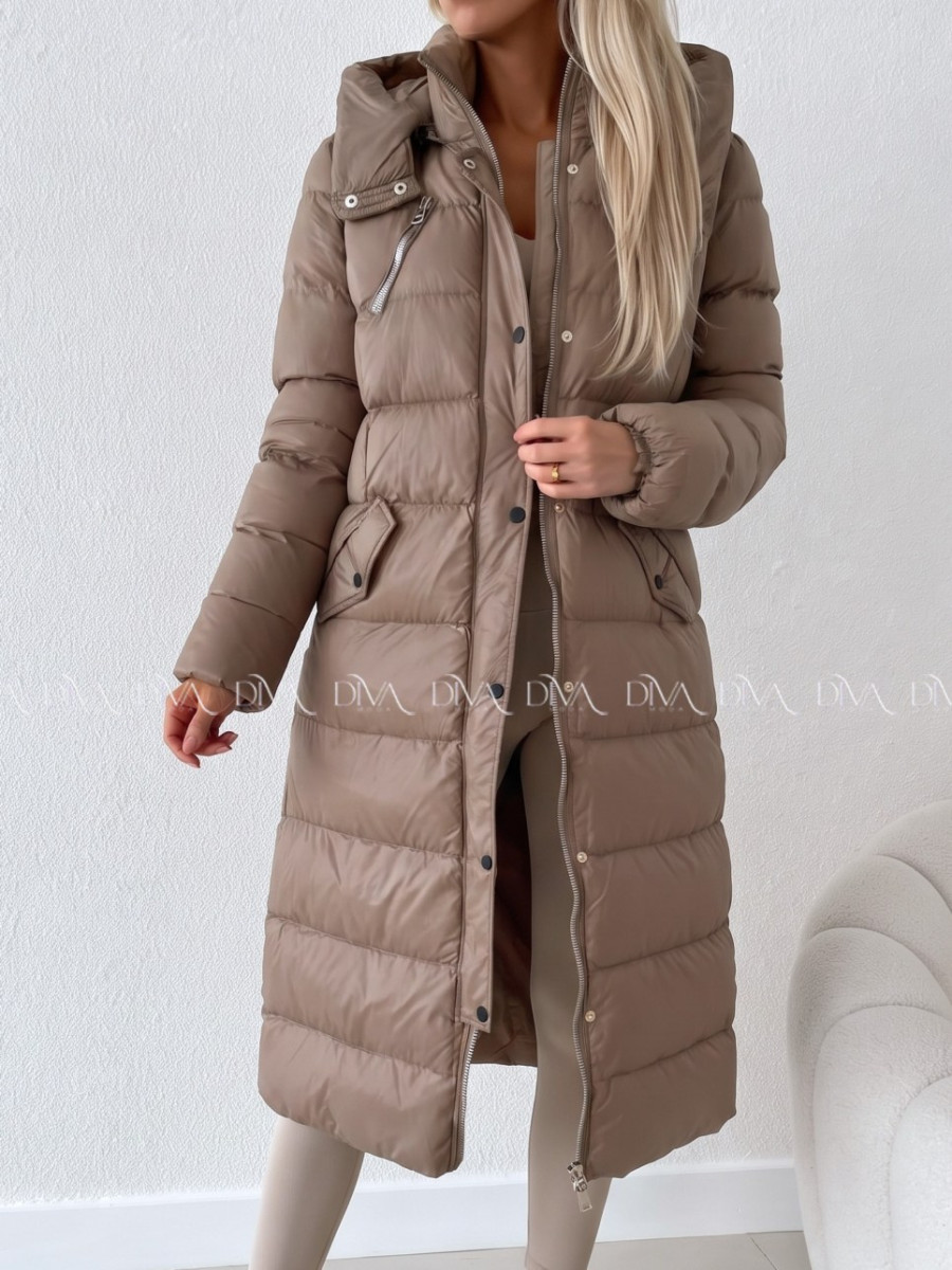 Zimná maxi bunda s prešívaním hnedá A 203 Zimná maxi bunda s prešívaním hnedá A 203