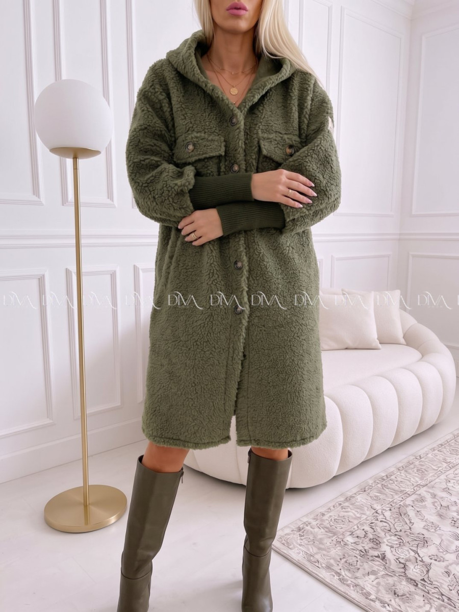 Midi bouclé kabátik khaki zelený AB 666 Midi bouclé kabátik khaki zelený AB 666