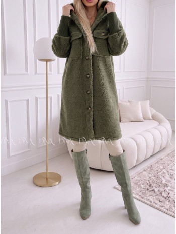 Midi bouclé kabátik khaki zelený AB 666 Midi bouclé kabátik khaki zelený AB 666