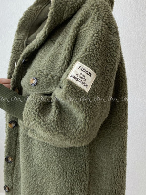 Midi bouclé kabátik khaki zelený AB 666