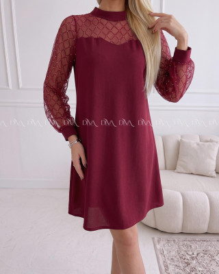 Šaty so sieťovanými rukávmi a trblietkami burgundy AA 185