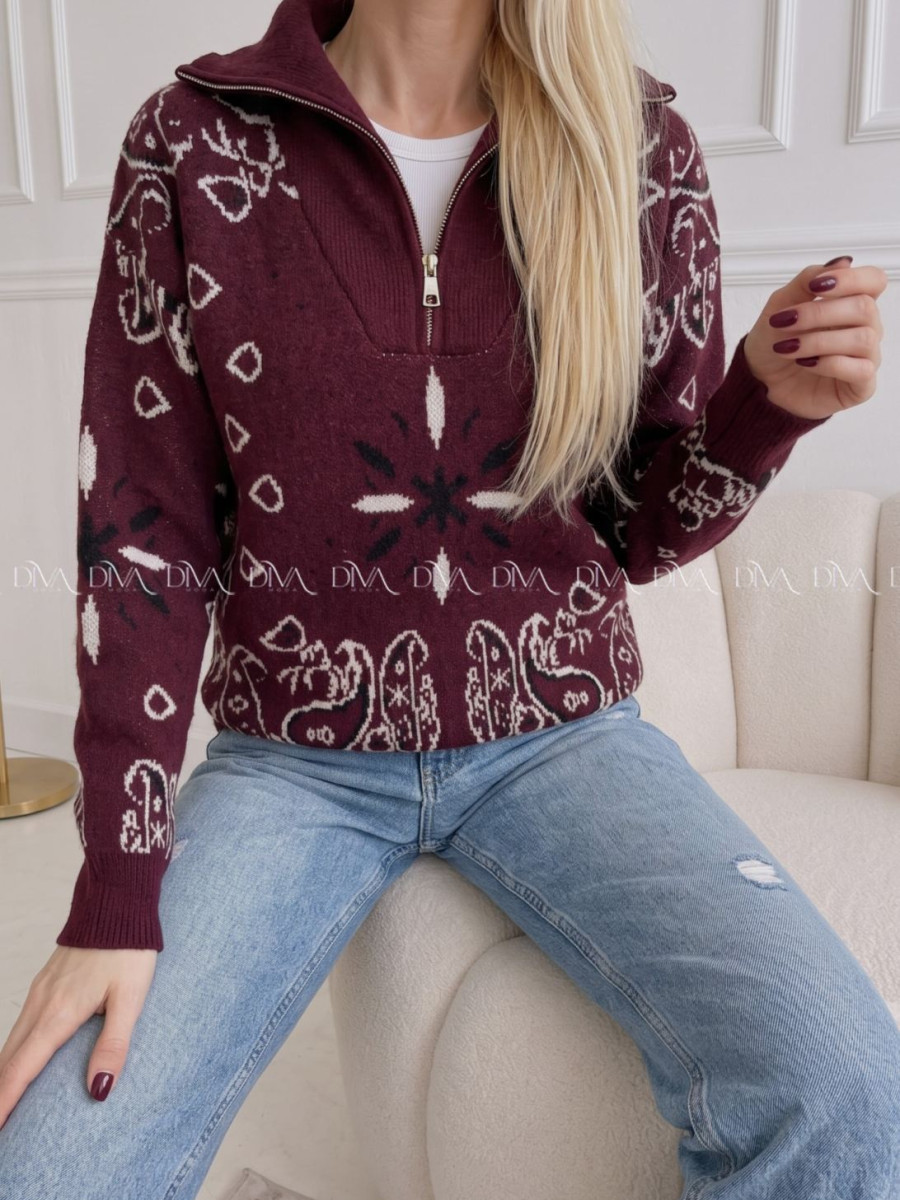 Sveter so vzorom a zipsom burgundy AB 901 Sveter so vzorom a zipsom burgundy AB 901